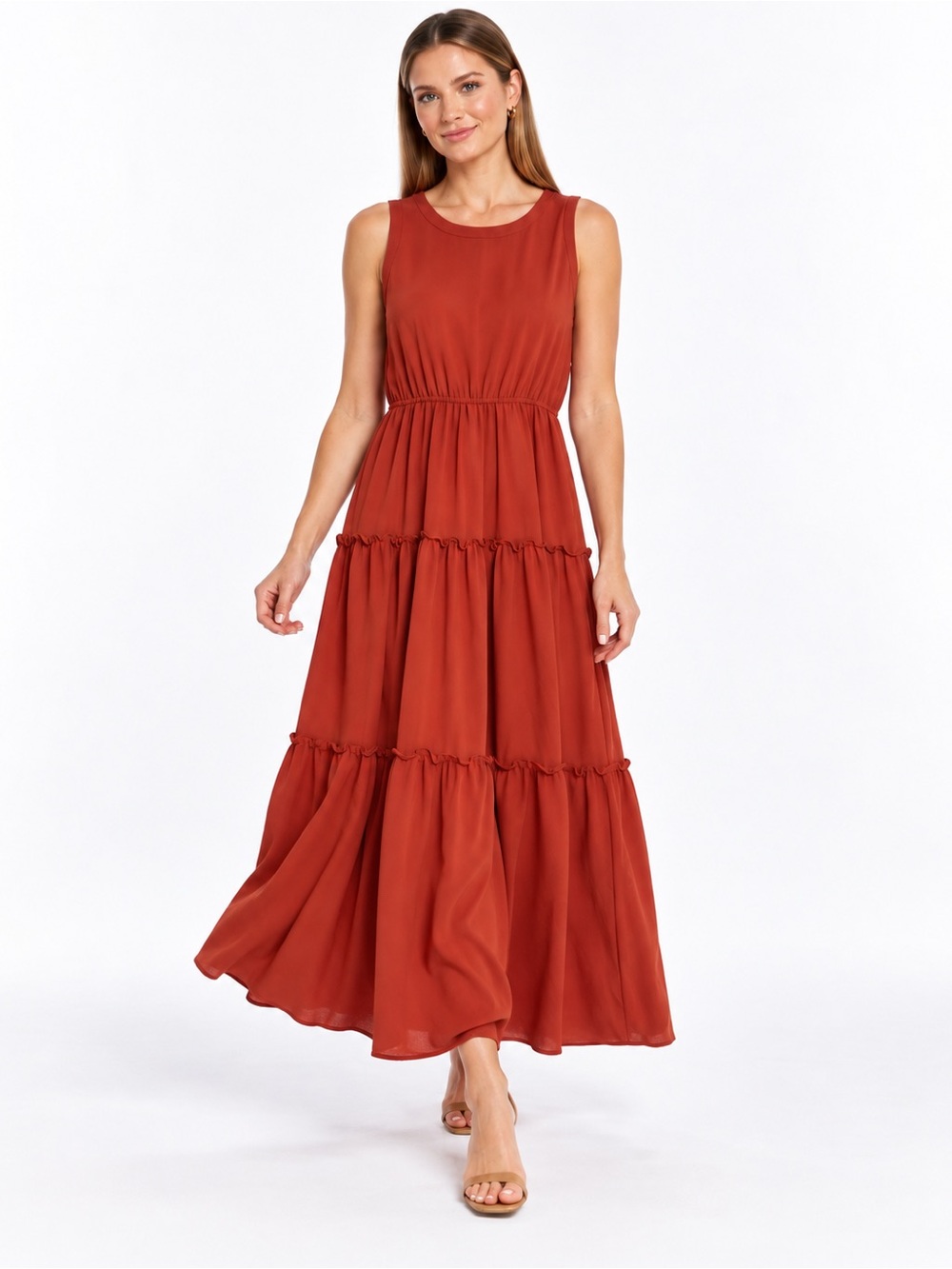 Maison Tara Rust Terracotta Tiered Sleeveless Maxi Dress 19 P2P 56 Long